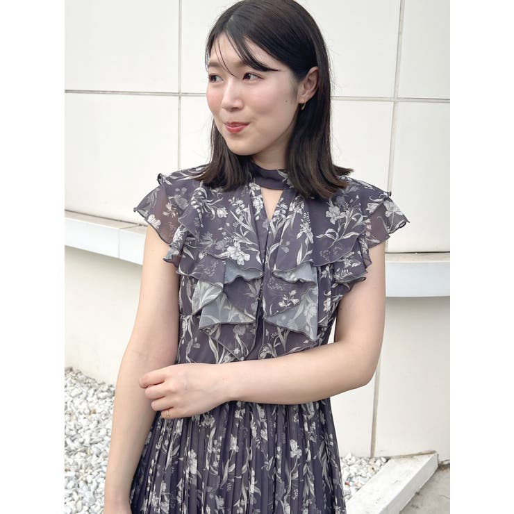 MERCURYDUO ダークグリーン 花柄ワンピース夏 花柄プリーツティアードワンピース[品番：MKSW0057586