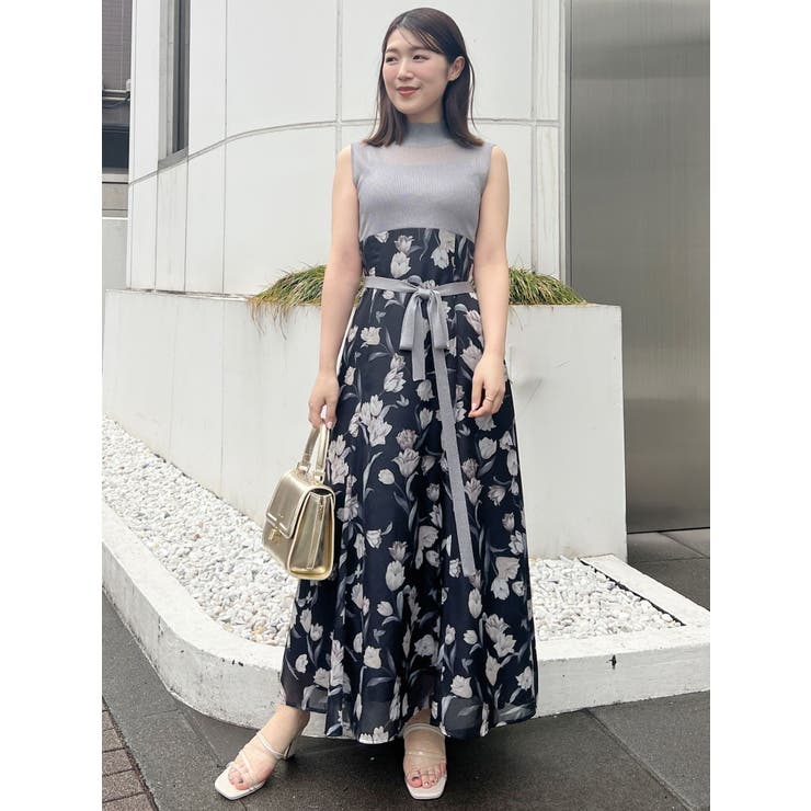 シアーノースリニット花柄ドッキングワンピース[品番