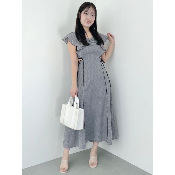 配色ラッフルサイドカットアウトワンピース[品番：MKSW0057165  