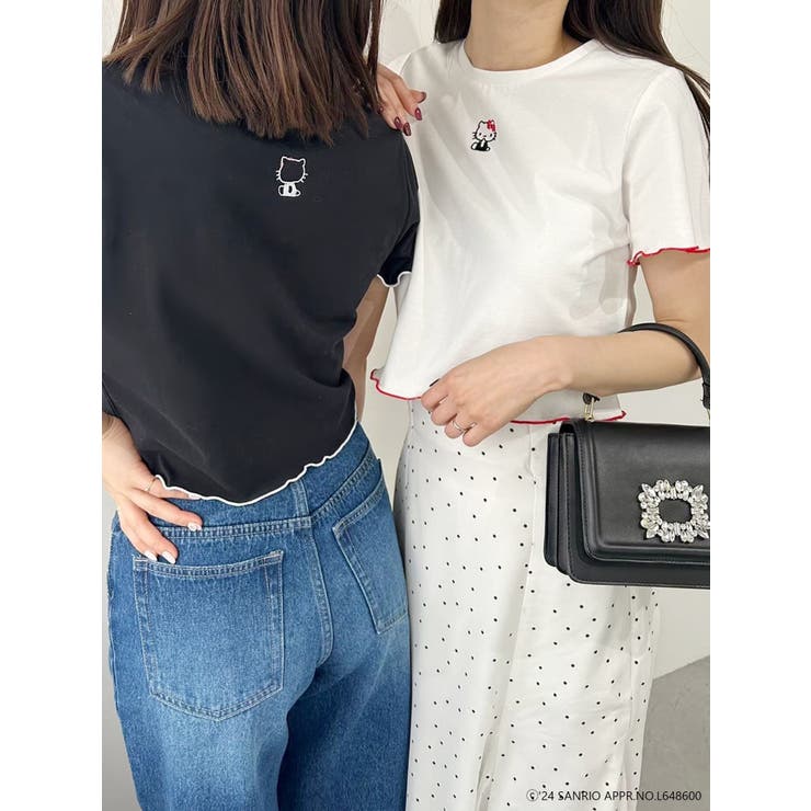 ハローキティコラボ】配色ワンポイント刺繍Tシャツ[品番：MKSW0058332