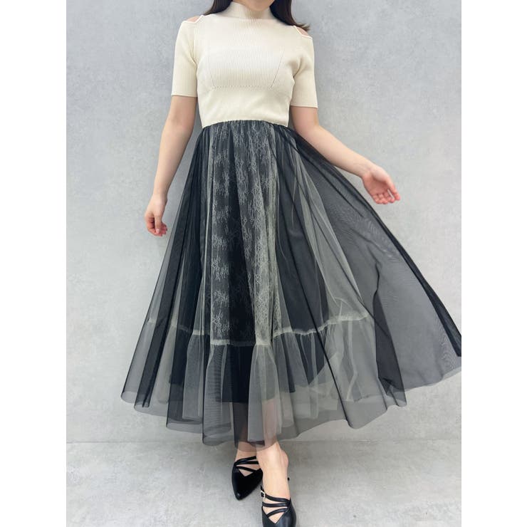 アイボリー | チュールドッキングオープンショルダーワンピース | MERCURYDUO