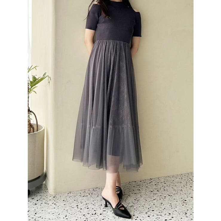 チャコールグレー | チュールドッキングオープンショルダーワンピース | MERCURYDUO