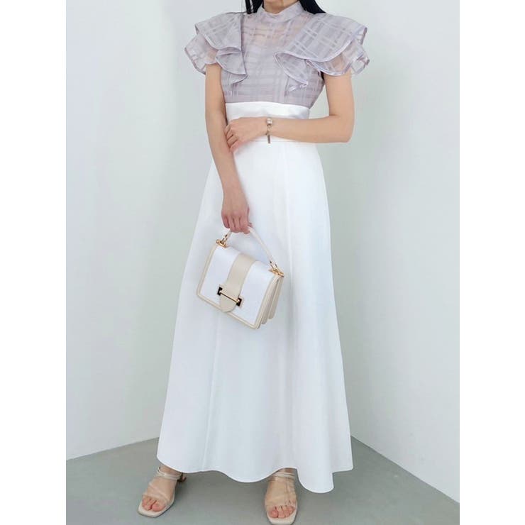 MERCURYDUO シアーチェックラッフルドッキングワンピースオフホワイト