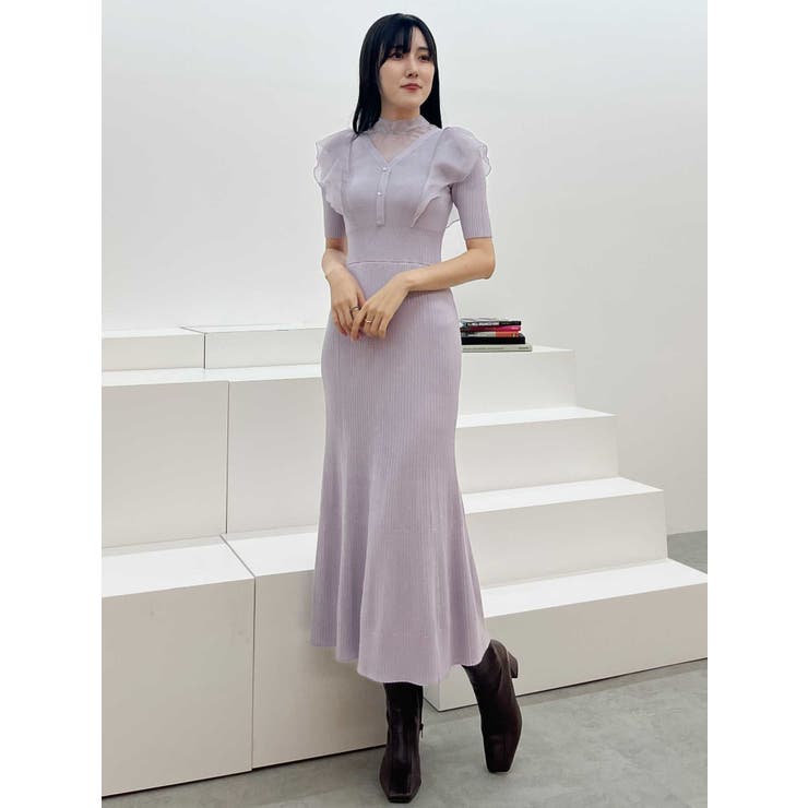2WAYオーガンジードッキングラッフルニットワンピース[品番