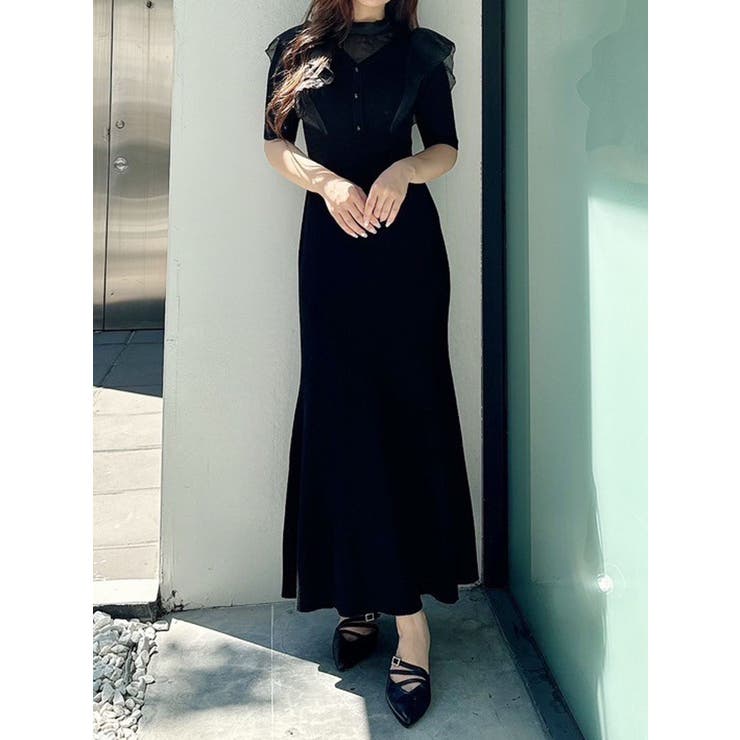 ブラック | 2WAYオーガンジードッキングラッフルニットワンピース | MERCURYDUO