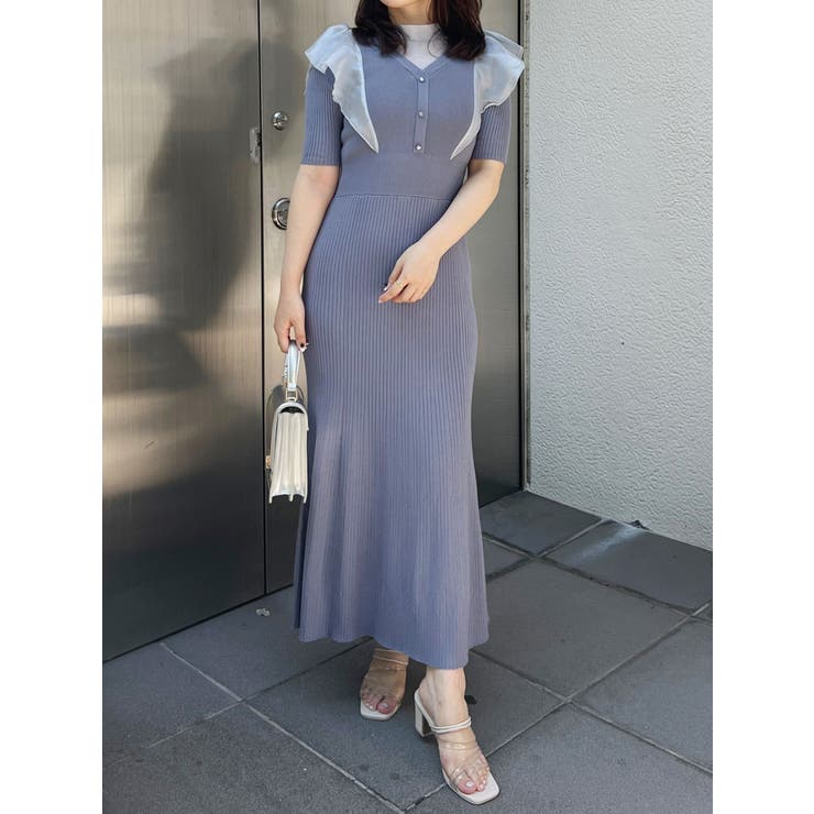 ブルー | 2WAYオーガンジードッキングラッフルニットワンピース | MERCURYDUO