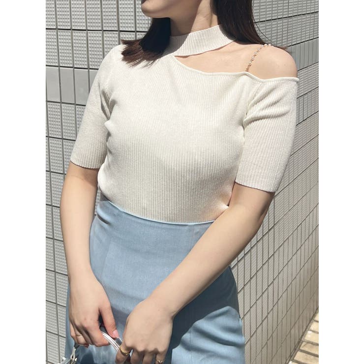 オフホワイト | ショルダーパールチェーンニット | MERCURYDUO