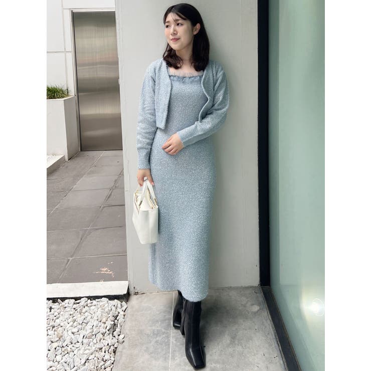 ラメシャギーカーデセットキャミニットワンピース[品番：MKSW0059949