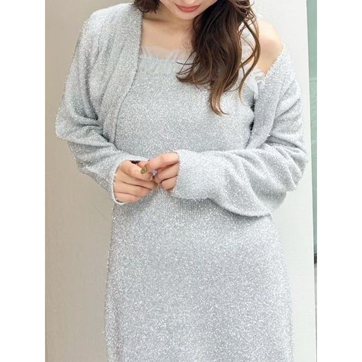 ワンピースセット ラメシャギーカーデセットキャミニットワンピース[品番
