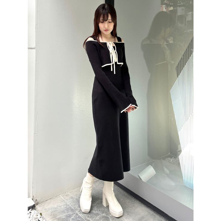 3WAY配色ストラップバッククロスロングスリーブワンピース[品番