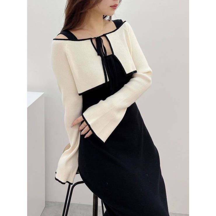 3WAY配色ストラップバッククロスロングスリーブワンピース[品番