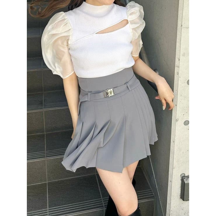 オフホワイト | 2WAY異素材パフスリーブカットアウトニット | MERCURYDUO