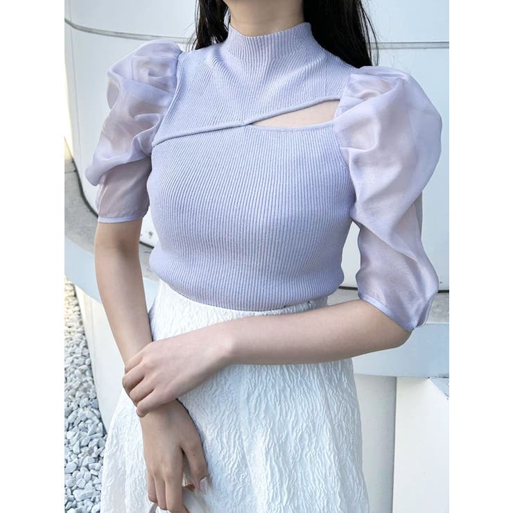 【完売】  2WAY異素材パフスリーブカットアウトニット[品番：MKSW0057960 トップス