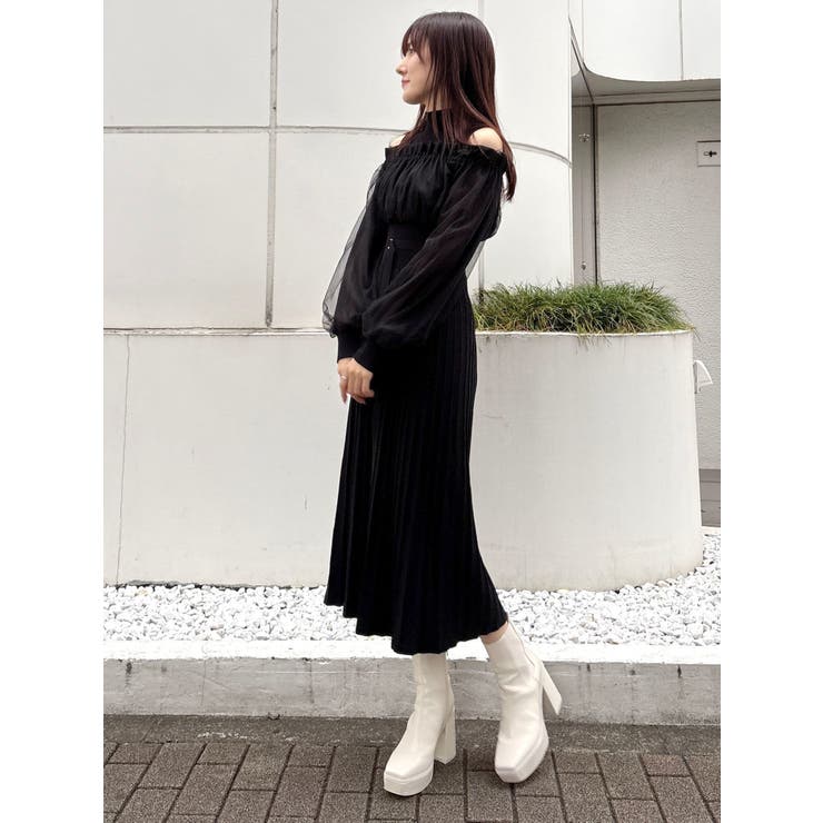 異素材ドッキングオフショルニットワンピース[品番：MKSW0061181