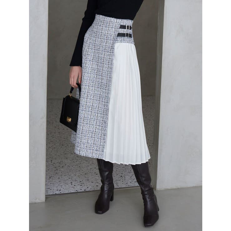 セットアップ着用可】異素材ツイードサイドプリーツスカート[品番