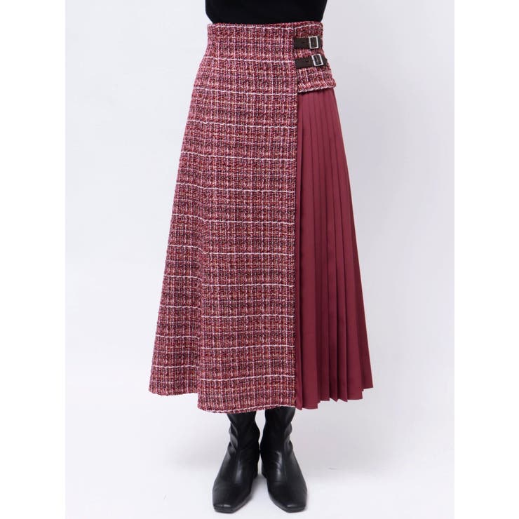 セットアップ着用可】異素材ツイードサイドプリーツスカート[品番