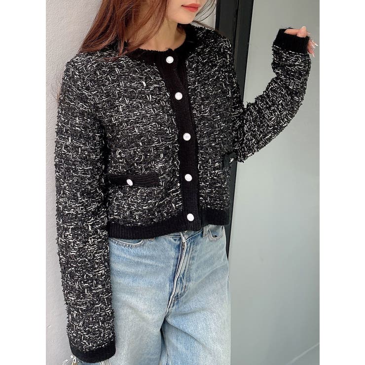 ノーカラーツイードニットカーディガン[品番：MKSW0061814