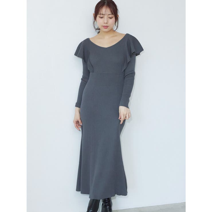 ハーフハイネック ニット マーメイド ワンピース 韓国 2WAYラッフルマーメイドニットワンピース[品番：MKSW0062485