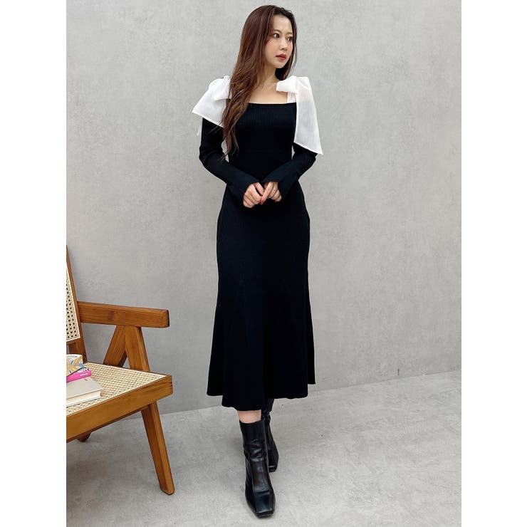 MERCURYDUO 千鳥柄配色ジャカードフレアニットワンピース（ブラック