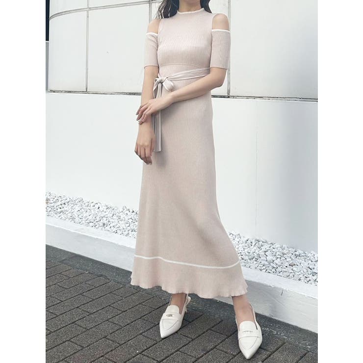 ベージュ | 配色クロスリボンニットワンピース | MERCURYDUO