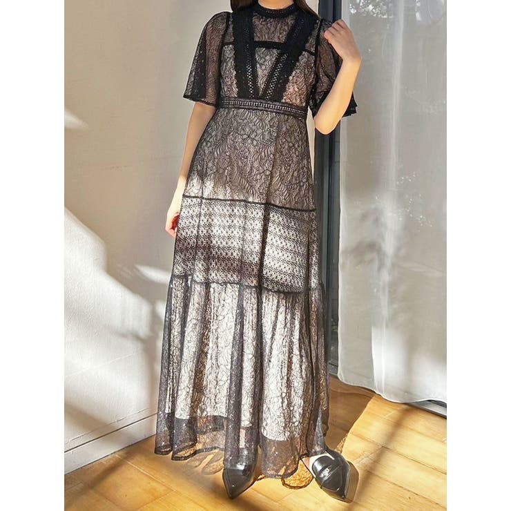 新品！MERCURYDUOミックスレースフレアスリーブワンピースM MERCURYDUO ワンピース ミックスレースフレアスリーブワンピース