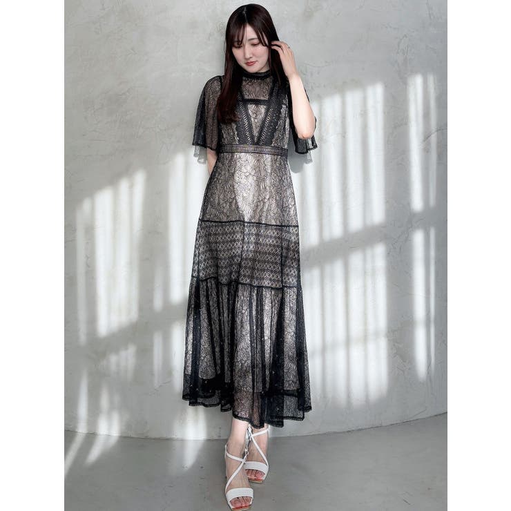 MERCURYDUO ミックスレースフレアスリーブワンピース MERCURYDUO ミックスレースフレアスリーブワンピース