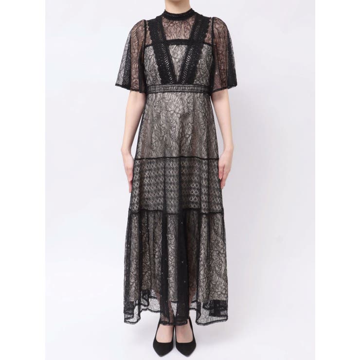 MERCURYDUO ミックスレースフレアスリーブワンピース