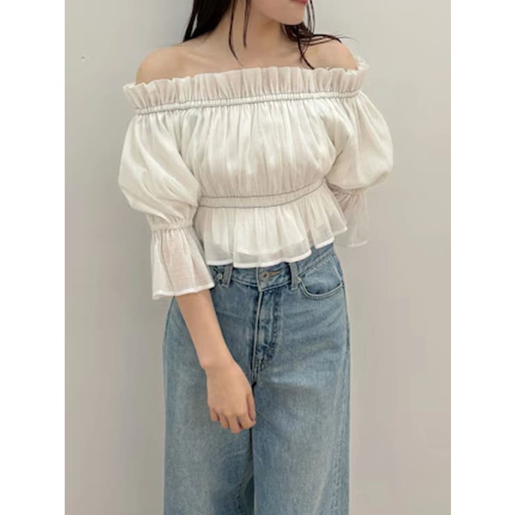 オフホワイト | 2WAYオフショル五分袖シャーリングブラウス | MERCURYDUO