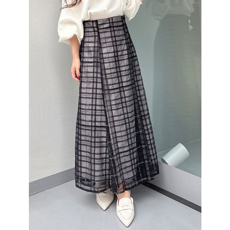 ネイビー | オリジナルチュールチェックフレアスカート | MERCURYDUO