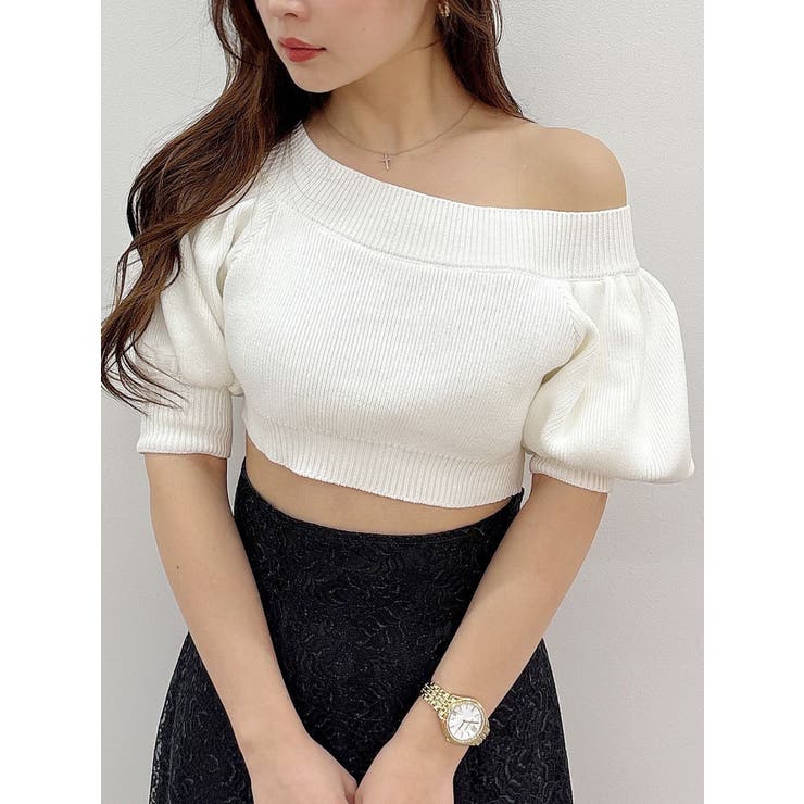 オフホワイト | クロップドオフショルダーニット | MERCURYDUO