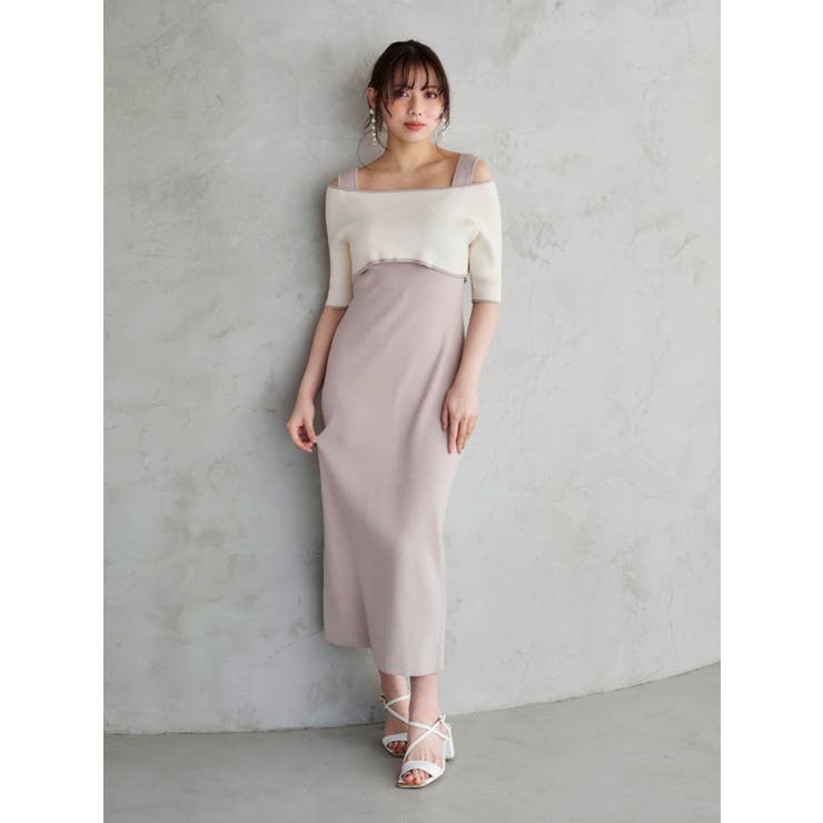 ベージュ | 3WAY配色ストラップバッククロスハーフスリーブワンピース | MERCURYDUO