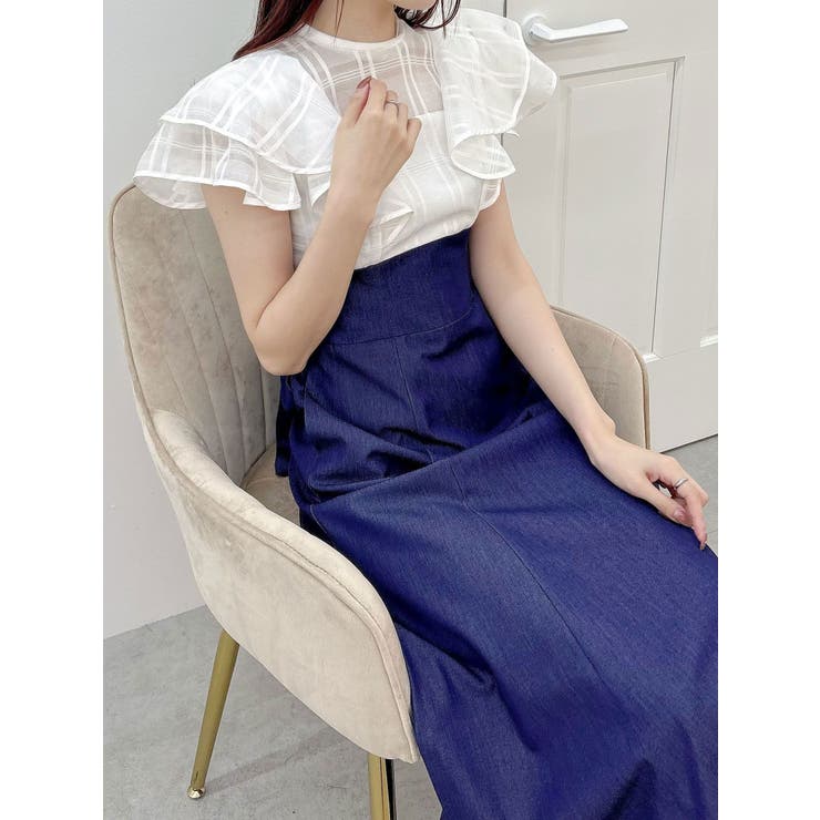 オフホワイト | シアーチェックラッフルドッキングワンピース | MERCURYDUO