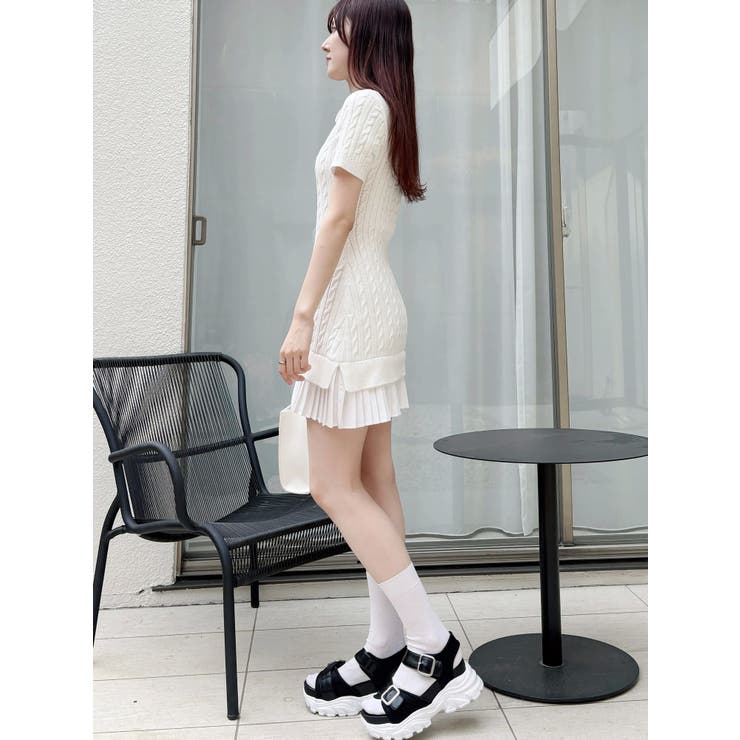 異素材プリーツドッキングポロニットミニワンピース[品番：MKSW0063440 