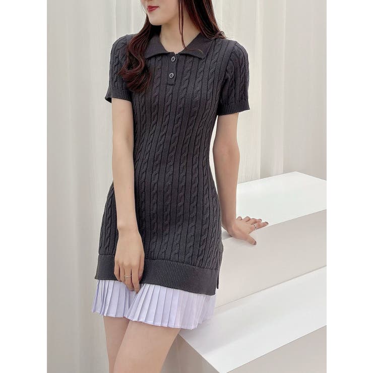 異素材プリーツドッキングポロニットミニワンピース[品番：MKSW0063440