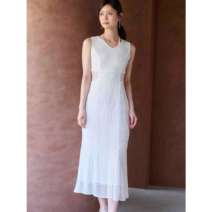 カットレースブロッキングマーメイドワンピース[品番：MKSW0065128