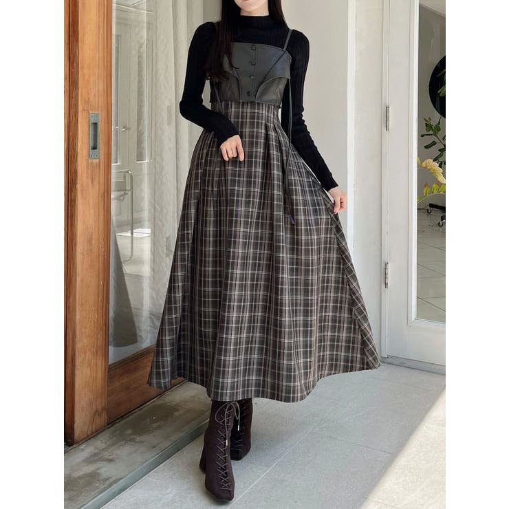 ブラウン | フェイクレザービスチェドッキングキャミワンピース | MERCURYDUO