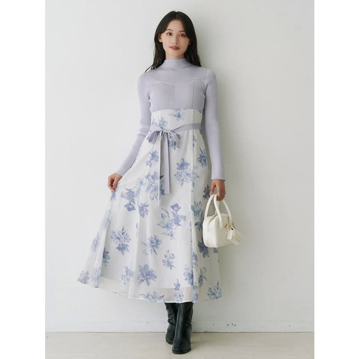 フラワードッキングロングスリーブワンピース[品番：MKSW0066750