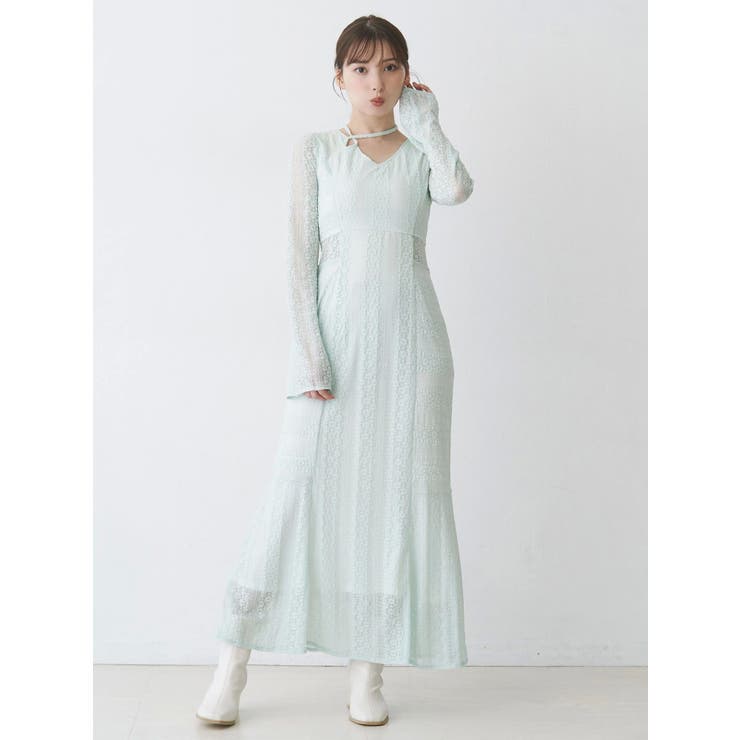 カットレースブロッキングフレアスリーブマーメイドワンピース | MERCURYDUO | 詳細画像3 