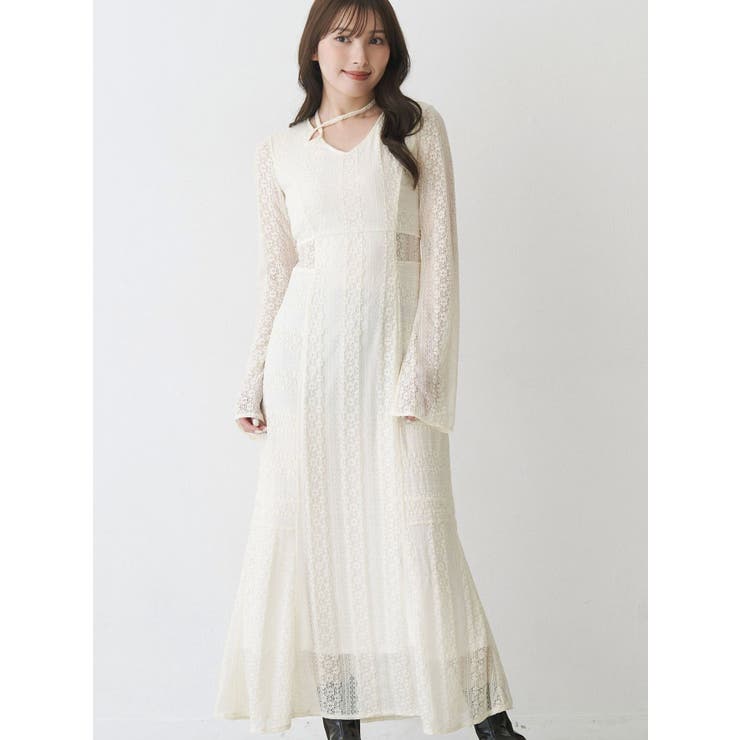 イエロー | カットレースブロッキングフレアスリーブマーメイドワンピース | MERCURYDUO