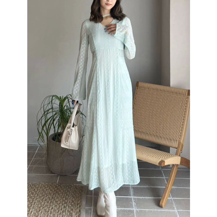 ミントグリーン | カットレースブロッキングフレアスリーブマーメイドワンピース | MERCURYDUO