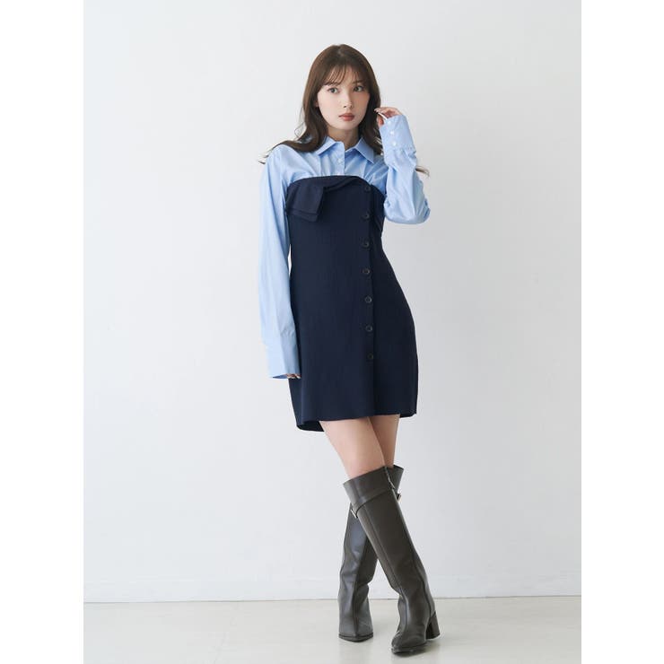 【WEB限定カラーあり】シャツレイヤード風ニットドッキングミニワンピース | MERCURYDUO | 詳細画像2 