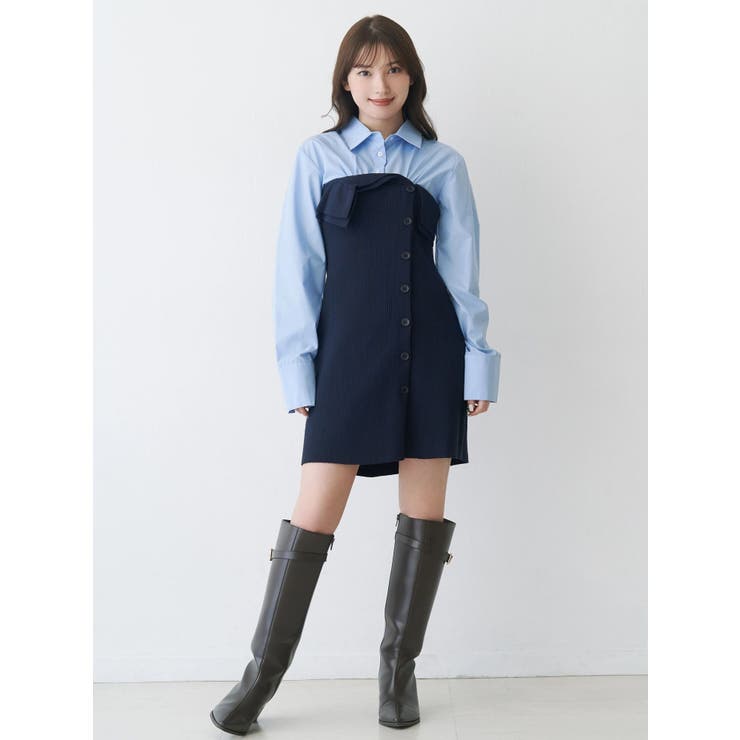 【WEB限定カラーあり】シャツレイヤード風ニットドッキングミニワンピース | MERCURYDUO | 詳細画像3 