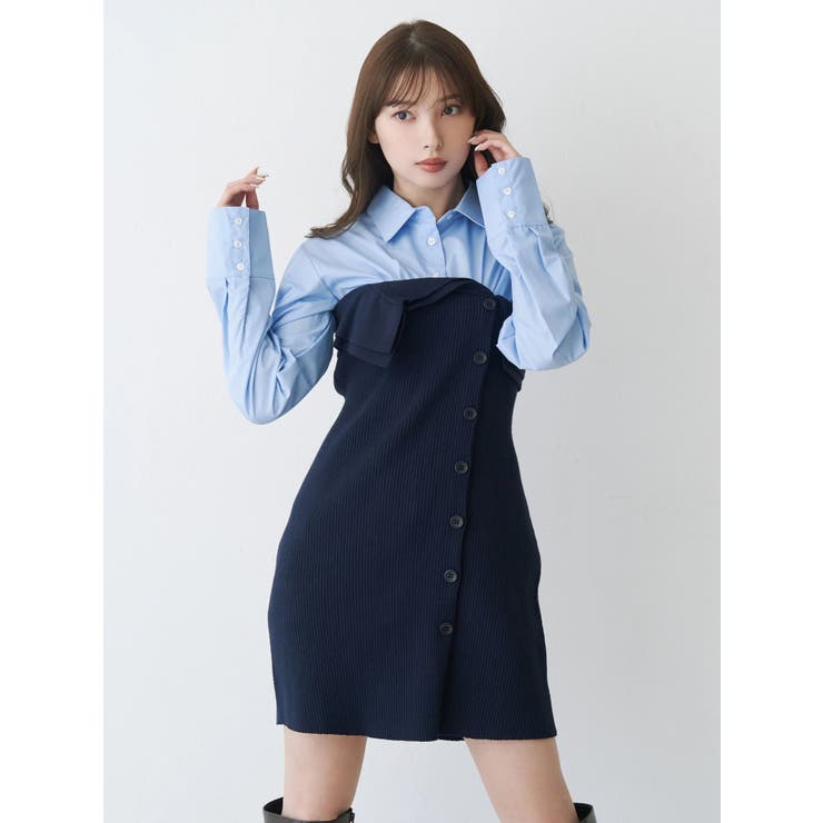 【WEB限定カラーあり】シャツレイヤード風ニットドッキングミニワンピース | MERCURYDUO | 詳細画像4 