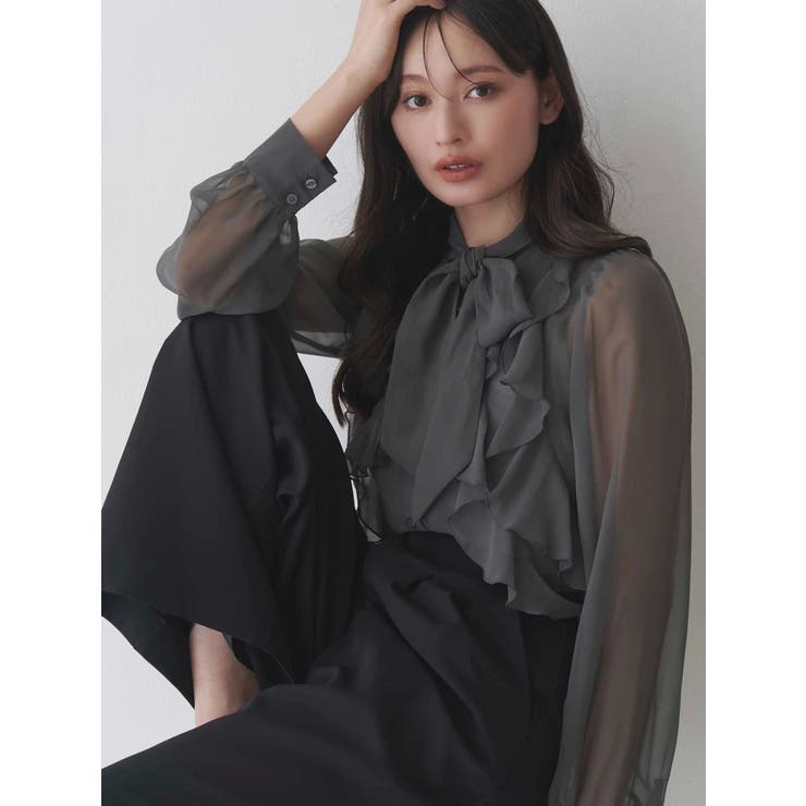 リュンヌ　プリーツブラウス　ボウタイ　黒　シフォン y6175.jpg