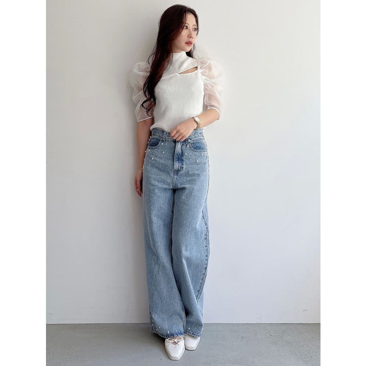 MERCURYDUO ブルー ハイウエスト ストレートデニム パールデニム パールデニムパンツ（デニムパンツ）｜MERCURYDUO（マーキュリー