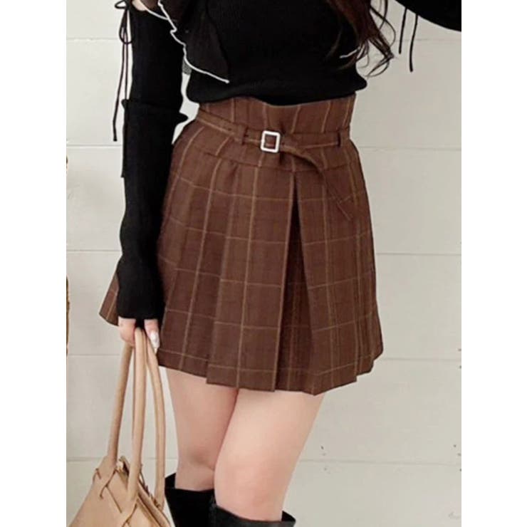 ブラウン | ベルト付きチェックプリーツミニスカパン | MERCURYDUO