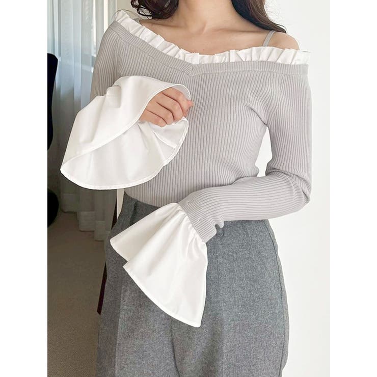 マーキュリーデュオ　異素材フリルオフショルリブニット マーキュリーデュオ MERCURYDUO 異素材フリルオフショル