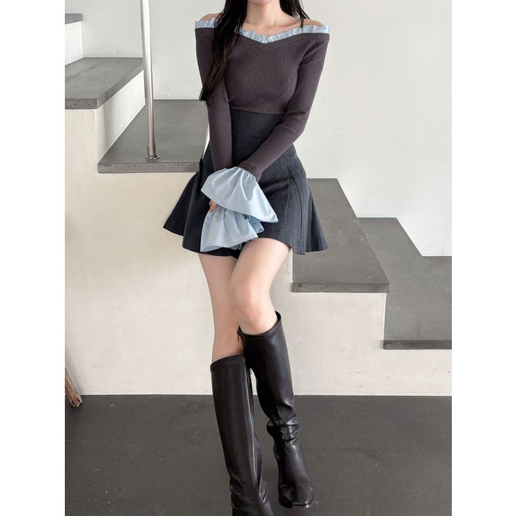 タグ付新品 MERCURYDUO 異素材フリルオフショルリブニット 異素材フリルオフショルリブニット（ニット/セーター）｜MERCURYDUO