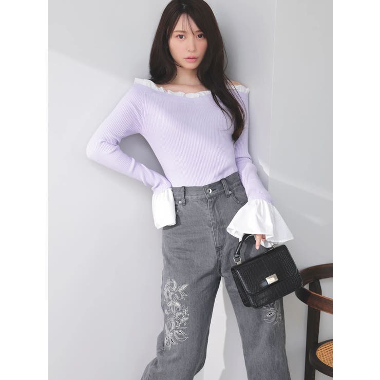 異素材フリルオフショルリブニット[品番：MKSW0066644