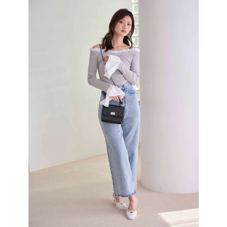 異素材フリルオフショルリブニット[品番：MKSW0066644